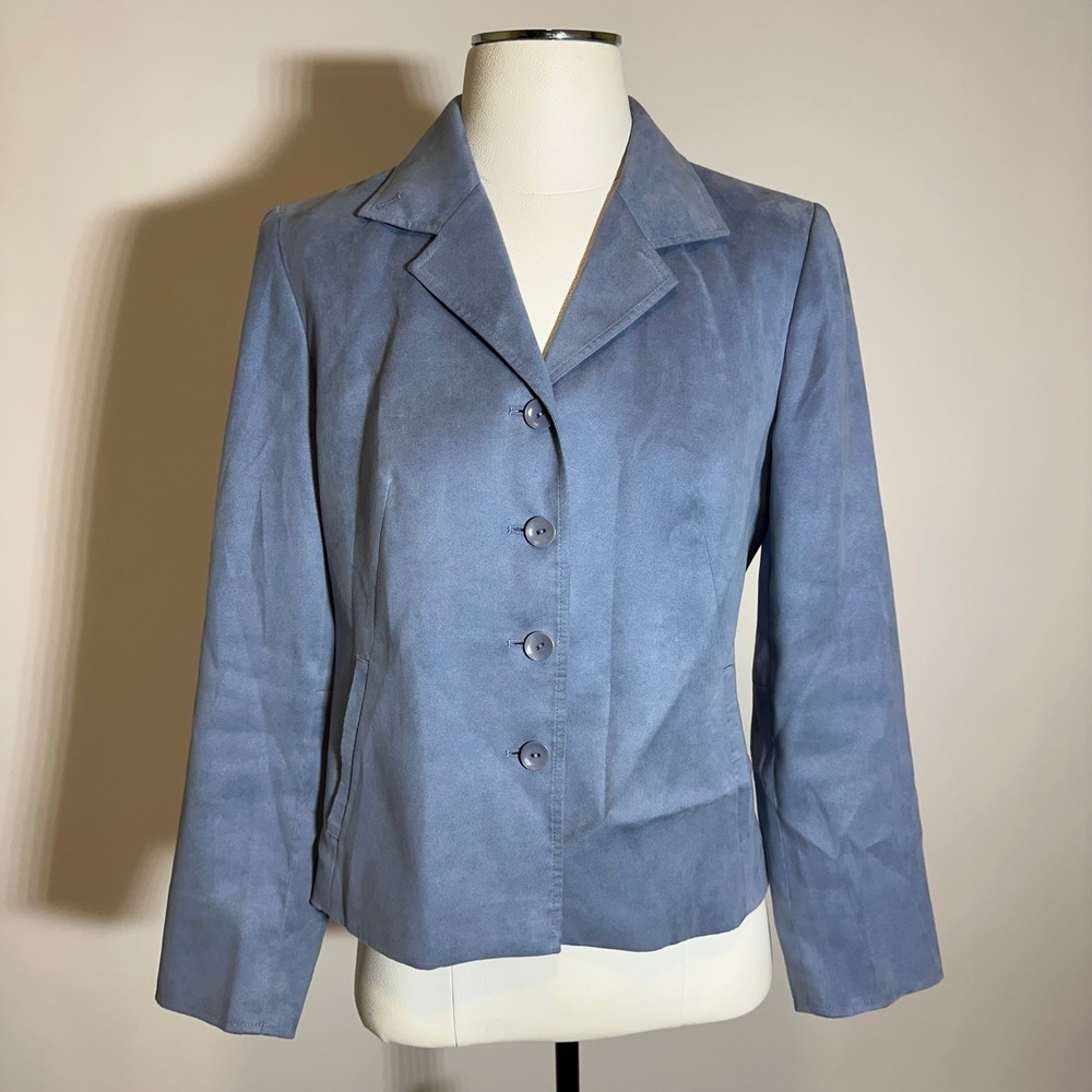 Talbots Dusty Blue Faux Suede Blazer Suit Jacket Womens Petite Size 6P Career